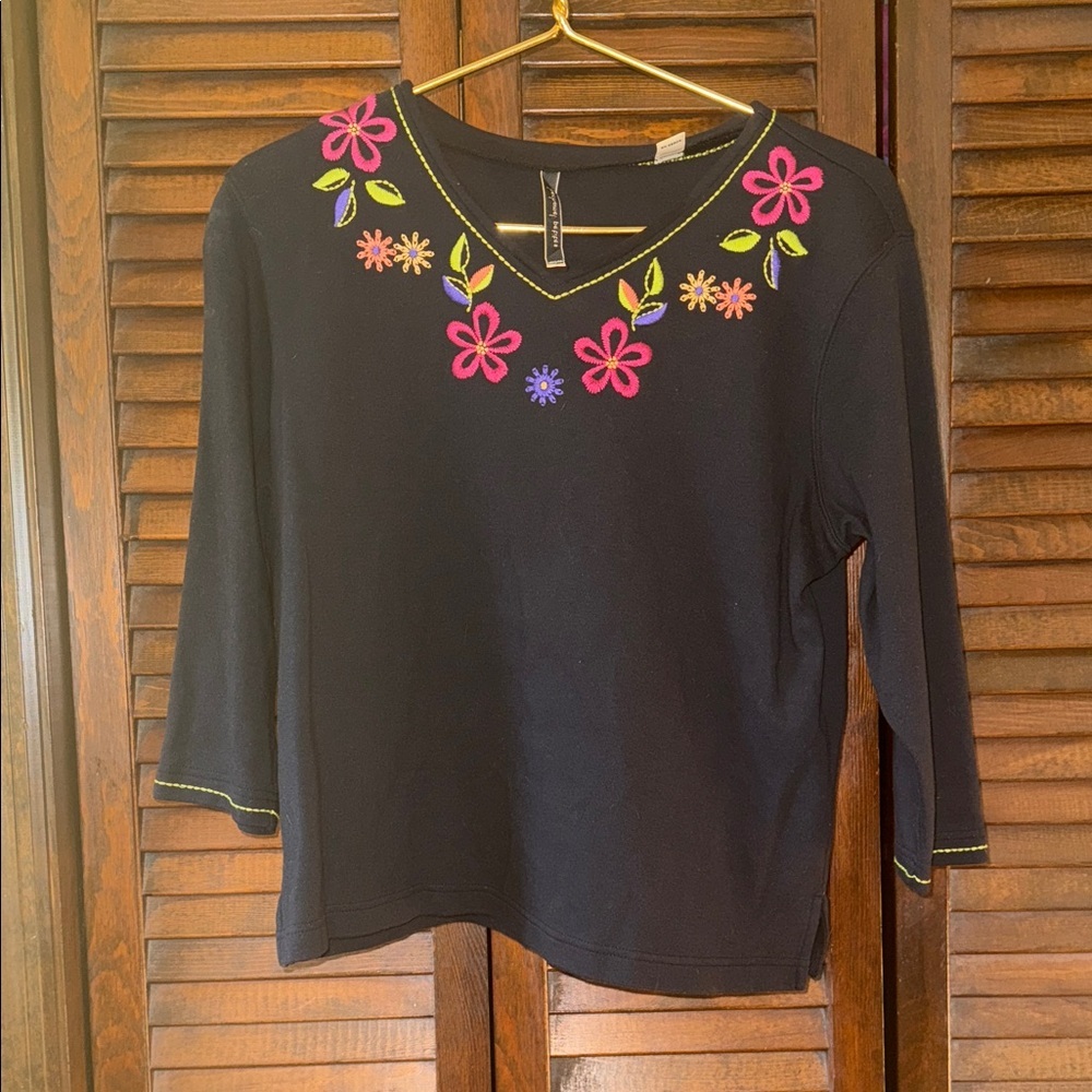 Bechamel Petite Floral Embroidered Black Top